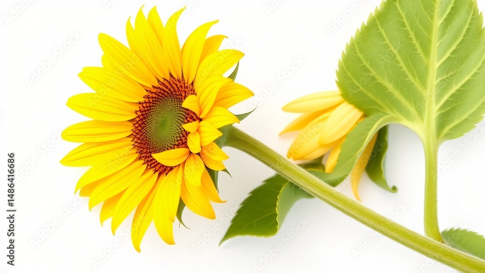 Naklejka premium Bright Yellow Sunflower Flower on White Background with Green Leaf