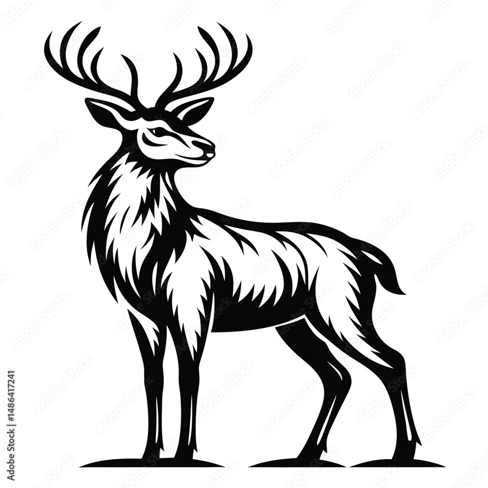 Fototapeta premium Stylized Silhouette of a Stag with Large Antlers, Isolated on a White Background