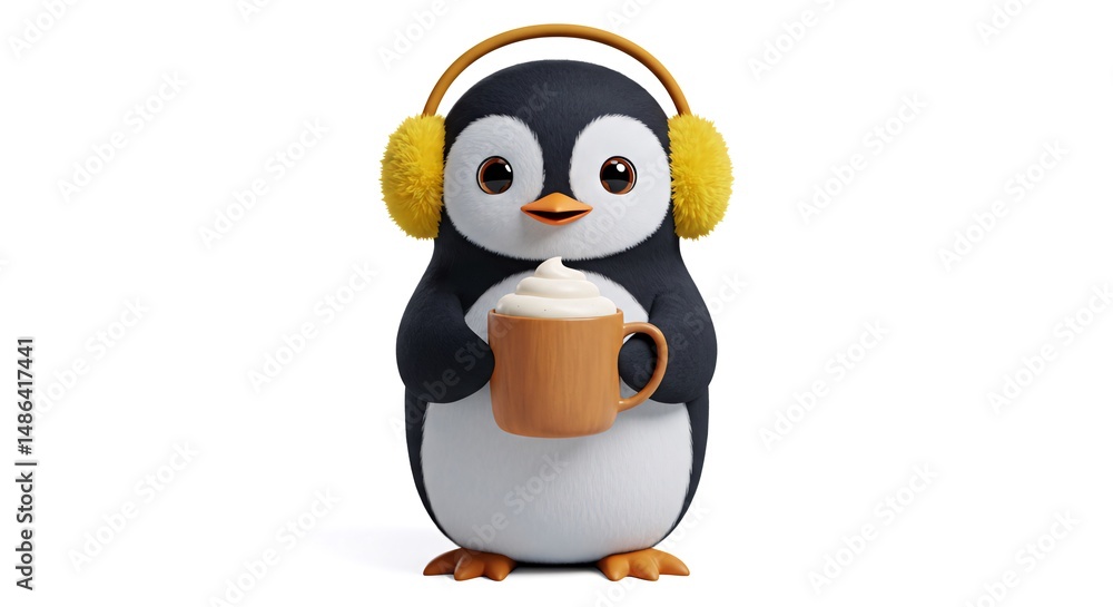 Fototapeta premium Adorable Cartoon Penguin in Earmuffs Holding a Cup of Hot Chocolate Isolated on White