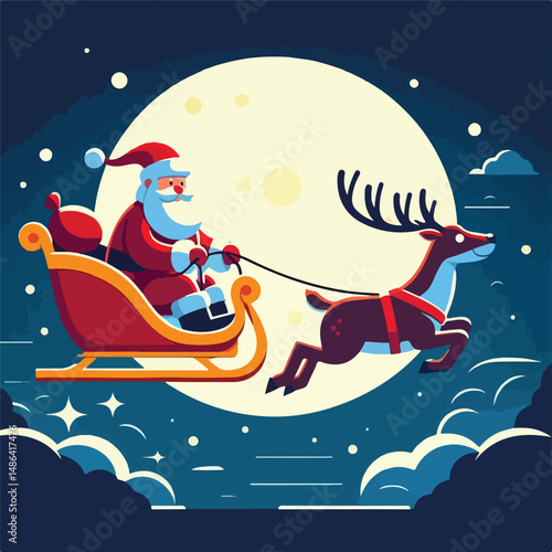 vector image of santa claus with reindeer sleigh