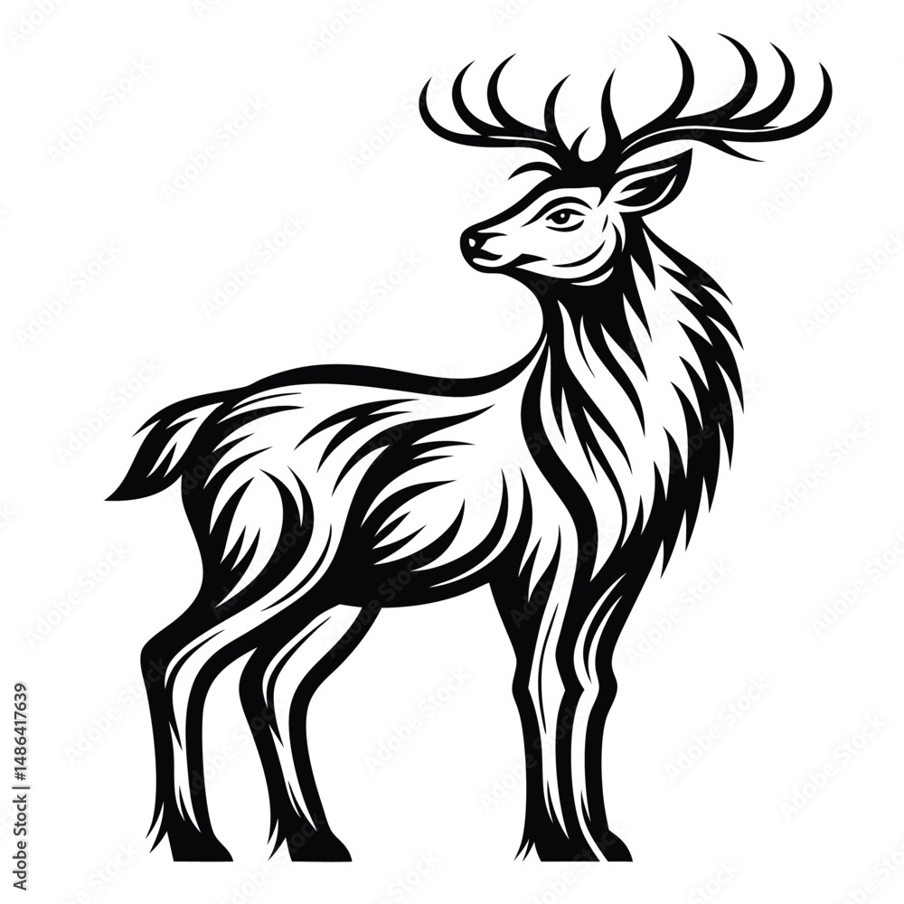 Fototapeta premium Black and White Stylized Deer, Decorative Horns, Tribal Ornament, Nature