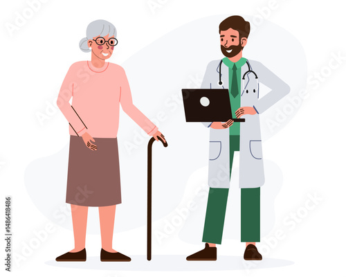 A male doctor treats an elderly woman. A pensioner at a doctor's appointment. Medical care and health concept.