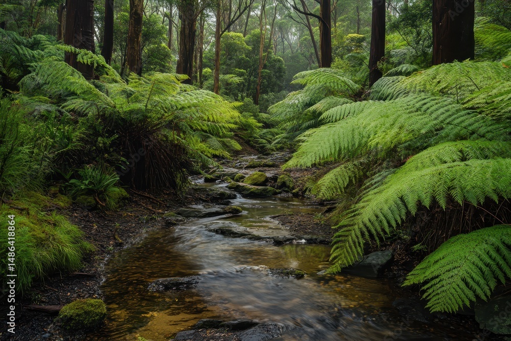 Fototapeta premium Exploring lush ferns and a serene water stream in Otway rainforest, Ferns and water stream in jungle forest of Otway national park, Australia