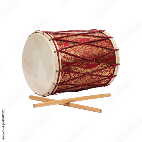 "Traditional Wooden Drum with Drumsticks – Handcrafted Musical Instrument on White Background"