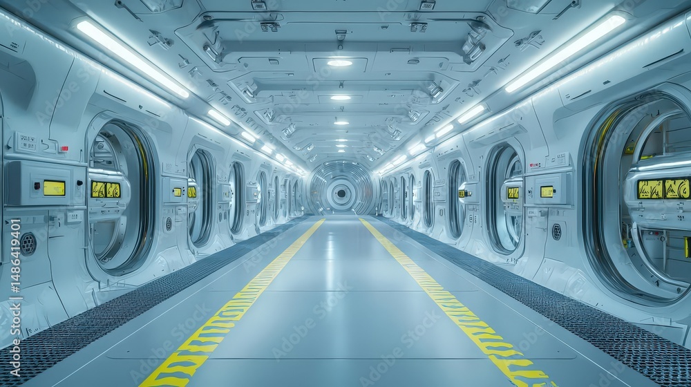 Fototapeta premium Futuristic corridor with metallic walls and circular windows.