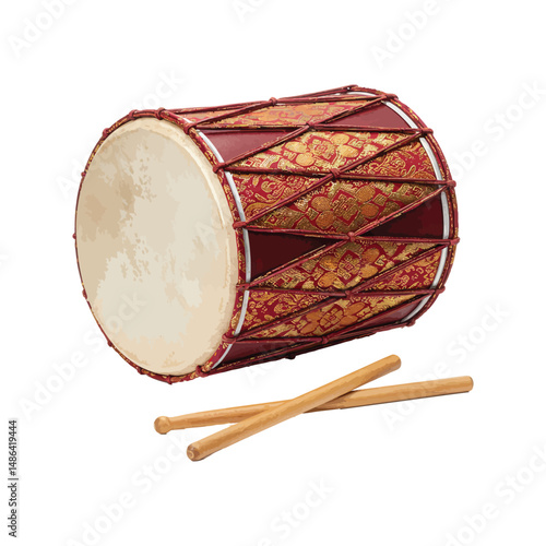 "Traditional Wooden Drum with Drumsticks – Handcrafted Musical Instrument on White Background"