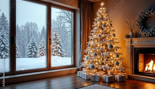 Cozy living room with a beautifully decorated Christmas tree and a fireplace glowing in a winter landscape
