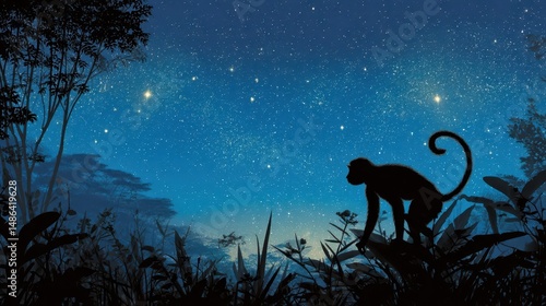 Silhouetted monkey observing starry night sky above a jungle.