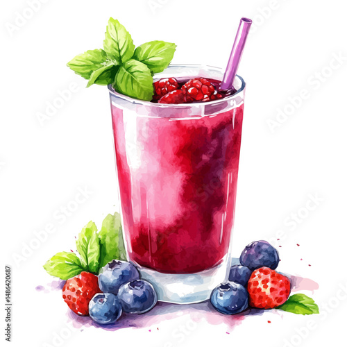 watercolor vector of Glass Of Mixed Berry Juice With Mint Leaves, high quality, isolated on a white background.