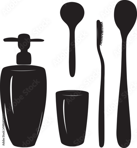 Black Silhouette Bathroom Set: Soap Dispenser, Cup, Toothbrush, Spoons