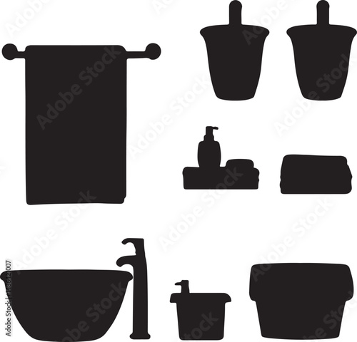 Bathroom Silhouette Vector Icons: Towel, Sink, Soap, and Accessories