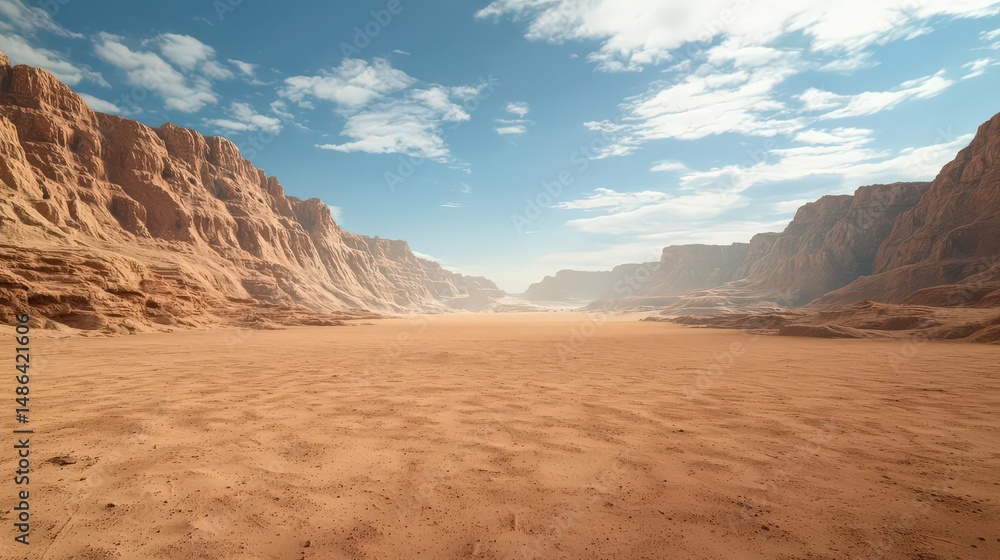 Naklejka premium Vast desert landscape with rocky cliffs and a bright sky.
