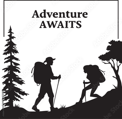 Silhouette of Adventurous Couple Hiking in Nature Adventure Awaits