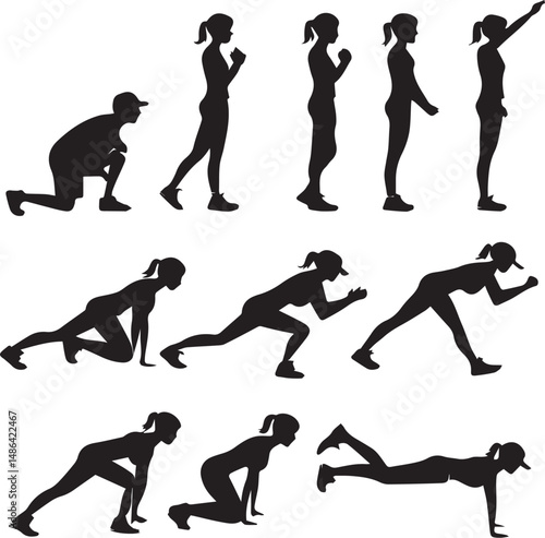 Silhouette Illustrations of Women Performing Various Fitness Exercises and Poses
