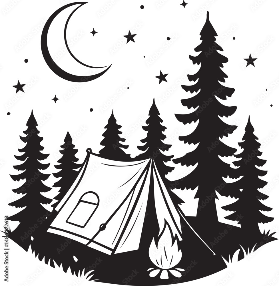 Obraz premium Night Camping Scene with Tent Campfire and Crescent Moon in Silhouette Style