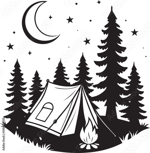 Night Camping Scene with Tent Campfire and Crescent Moon in Silhouette Style