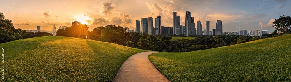 Obraz premium Sunset Panorama: City Skyline Overlooking Lush Green Hill