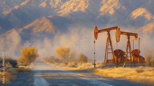 Dusty road, oil pumps, mountains