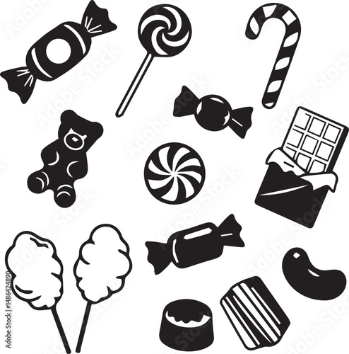 Collection of Black and White Candy Icons Sweet Treats Illustration