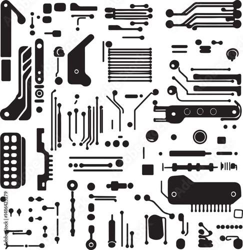 Black and White Circuit Board Vector Graphic, Electronic Design Elements