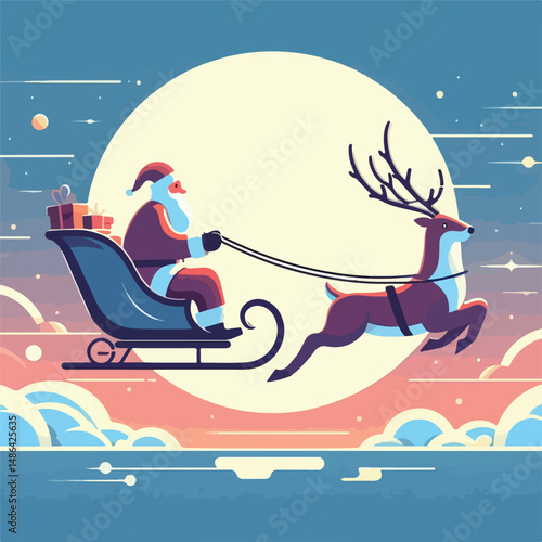 vector image of santa claus with reindeer sleigh