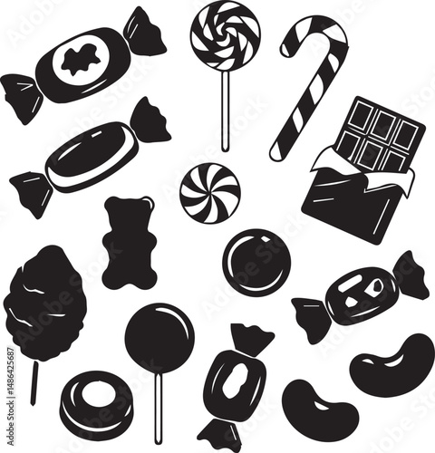 Collection of Black and White Candy Icons Sweet Treats Lollipops Chocolate Candies Gummy Bears