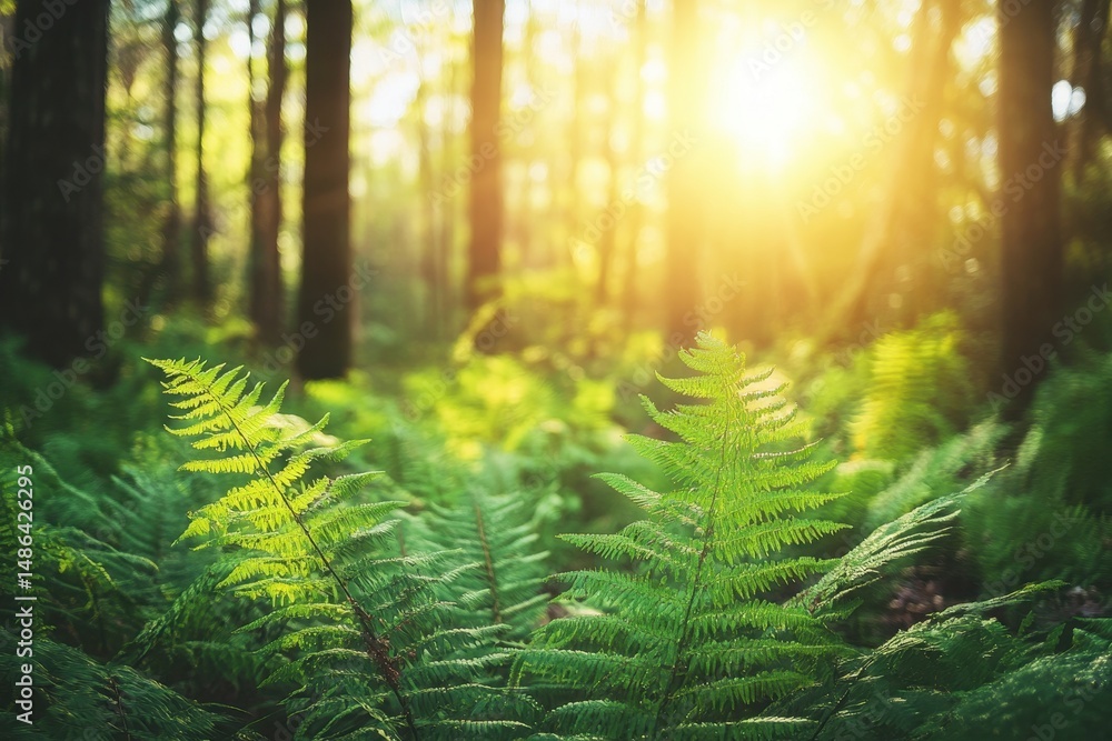 Obraz premium Sunlight filters through trees in an Australian native forest with vibrant green ferns, Australia native forest nature background Green ferns and trees under sunshine