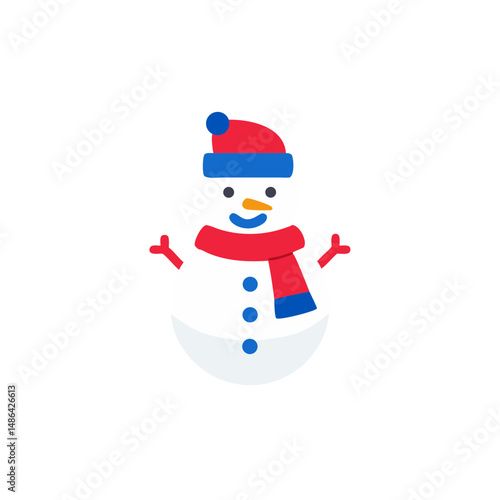 Snowman icon wearing a hat and scarf for festive winter decoration on white background