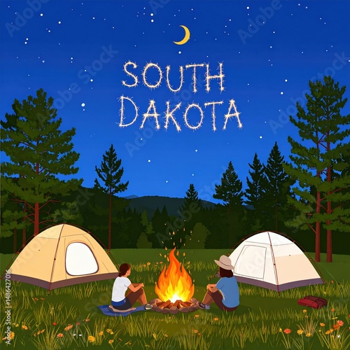 Camping under starry night in south dakota with two young diverse friends by campfire