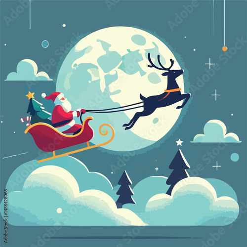 vector image of santa claus with reindeer sleigh