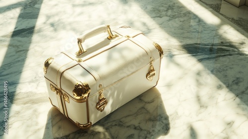 Elegant white leather vanity case with gold accents on marble surface