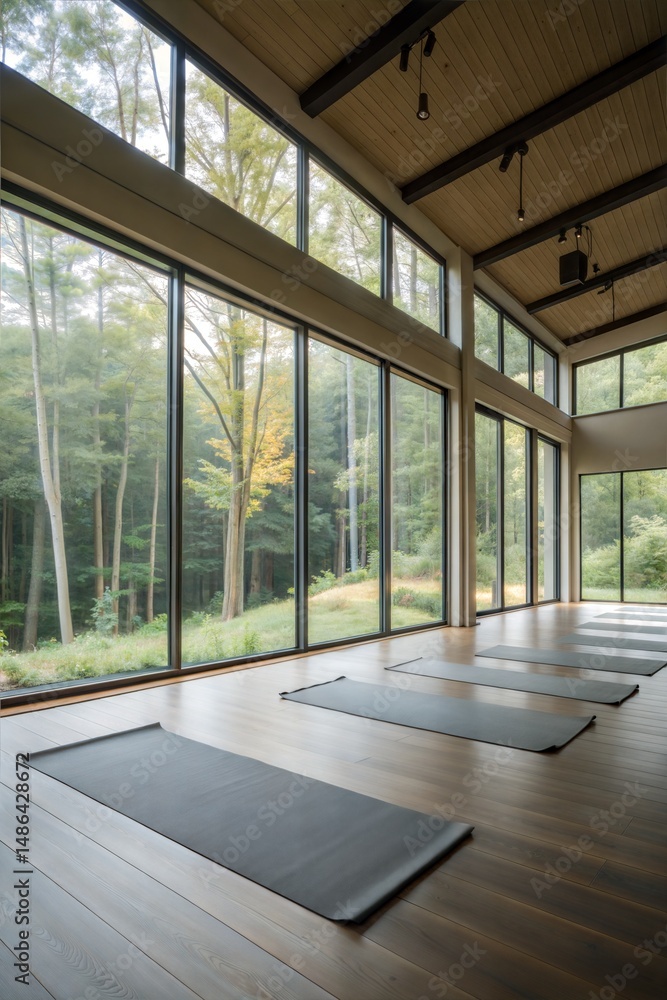 Fototapeta premium Serene Yoga Studio with Forest Views and Wooden Floor 