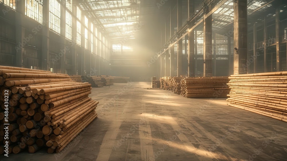 Fototapeta premium Spacious warehouse filled with stacked logs and beams.