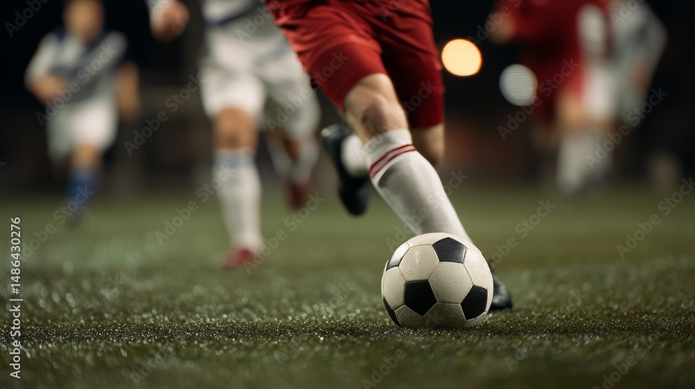 Fototapeta premium Close-up of soccer player's foot striking ball during intense match on a grass field under stadium lights