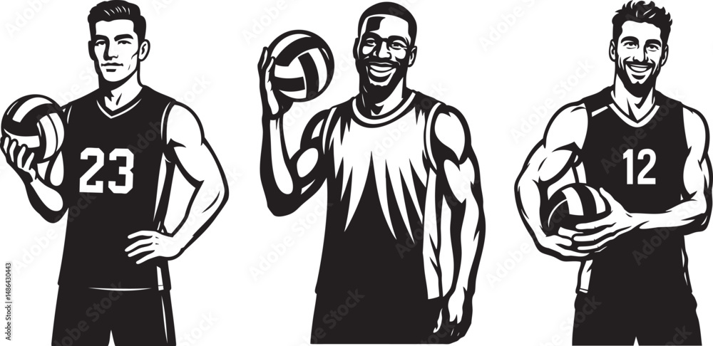 Three male basketball players holding ball and posing – black and white vector illustration Three male basketball players holding ball and posing – black and white vector illustration
