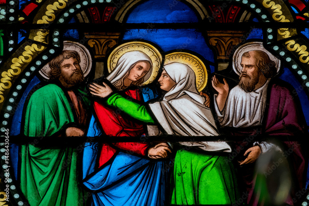 Fototapeta premium Stained glass (19th century) of Visitation of the Virgin Mary to her pregnant cousin Elizabeth.