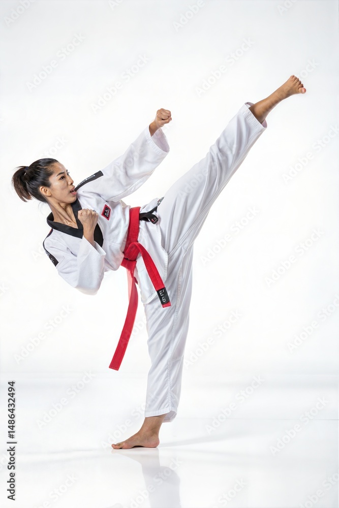 A young athlete performing high roundhouse kicks in TaeKwonDo and Karate attire, against a white background. A young athlete performing high roundhouse kicks in TaeKwonDo and Karate attire, against a white background.