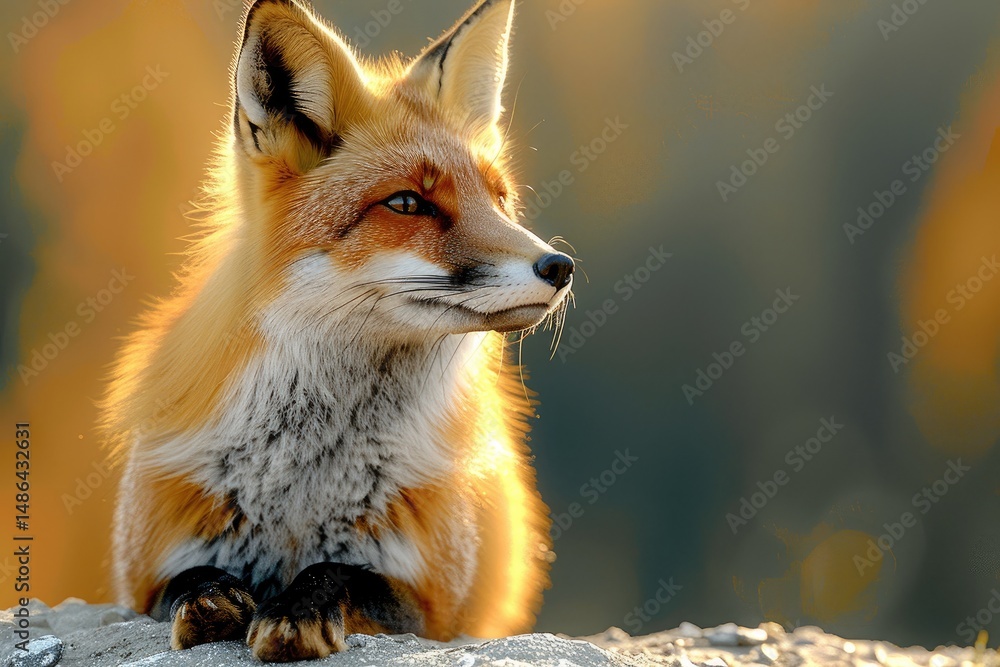Fototapeta premium A beautiful red fox resting in golden sunlight.