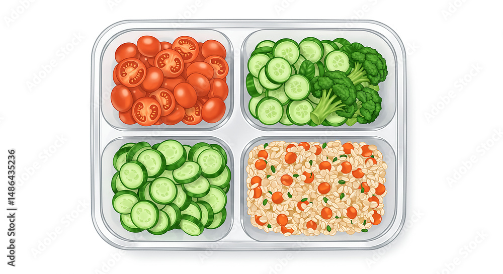 Healthy food separated in a plastic container, ideal for a balanced diet Healthy food separated in a plastic container, ideal for a balanced diet