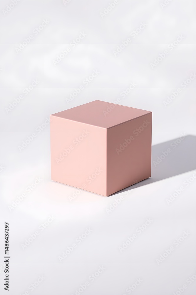Fototapeta premium Solitary Light Pink Cube on White Surface with Subtle Shadow Effect