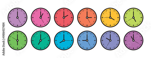 twelve step analog clocks. round analog clock interface. twelve colorful round clock interface