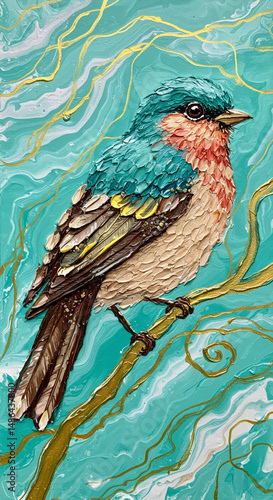 Textured Impasto Bird Painting with Colorful Feathers on Blue Teal Fluid Art Background - Wildlife Art