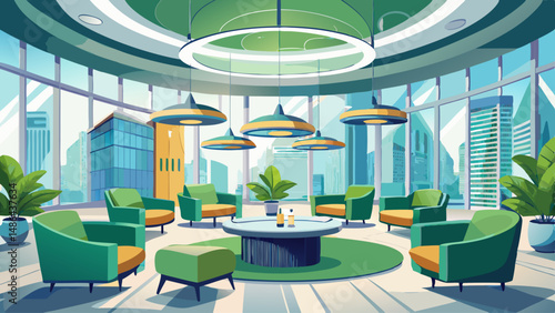 Modern spacious office lounge with green armchairs, round tables, and sculptural ceiling in high-rise building interior, showcasing minimalist design style. 3D