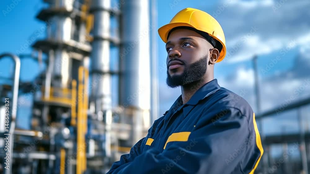 Creative overlay of oil sector technician and busy refinery control zone with pressure valves, compressors, and high towers under a twilight sky Creative overlay of oil sector technician and busy refinery control zone with pressure valves, compressors, and high towers under a twilight sky