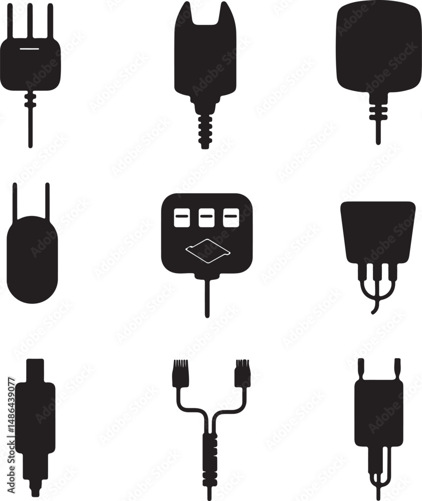 Black Silhouette Power Adapter Plugs: Vector Illustration Set Black Silhouette Power Adapter Plugs: Vector Illustration Set