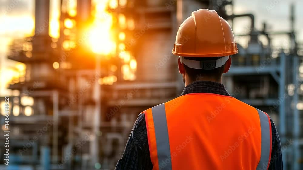 Rear view of oil refinery inspector in hard hat and high-visibility gear, moving through a labyrinth of metallic structures and industrial ductwork in a vast fuel processing facili Rear view of oil refinery inspector in hard hat and high-visibility gear, moving through a labyrinth of metallic structures and industrial ductwork in a vast fuel processing facili