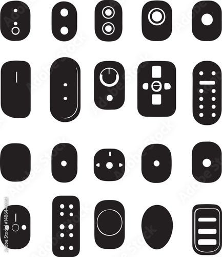 Black Silhouette Icons: Remote Controls, Buttons, and Devices