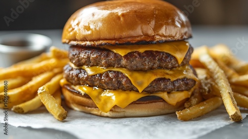 A top burger restaurants signature dish a juicy double patty burger with melted cheese and crispy fries overlay cut out on isolated transparent removed background