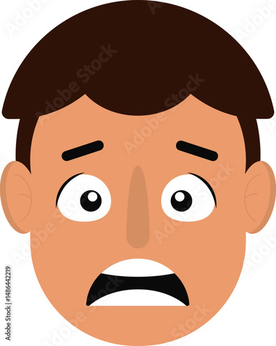 Cartoon-style male face with fearful expression, wide eyes and mouth slightly open.