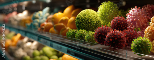 Supermarket shelf with fruits and vegetables, some mimicking viral structures